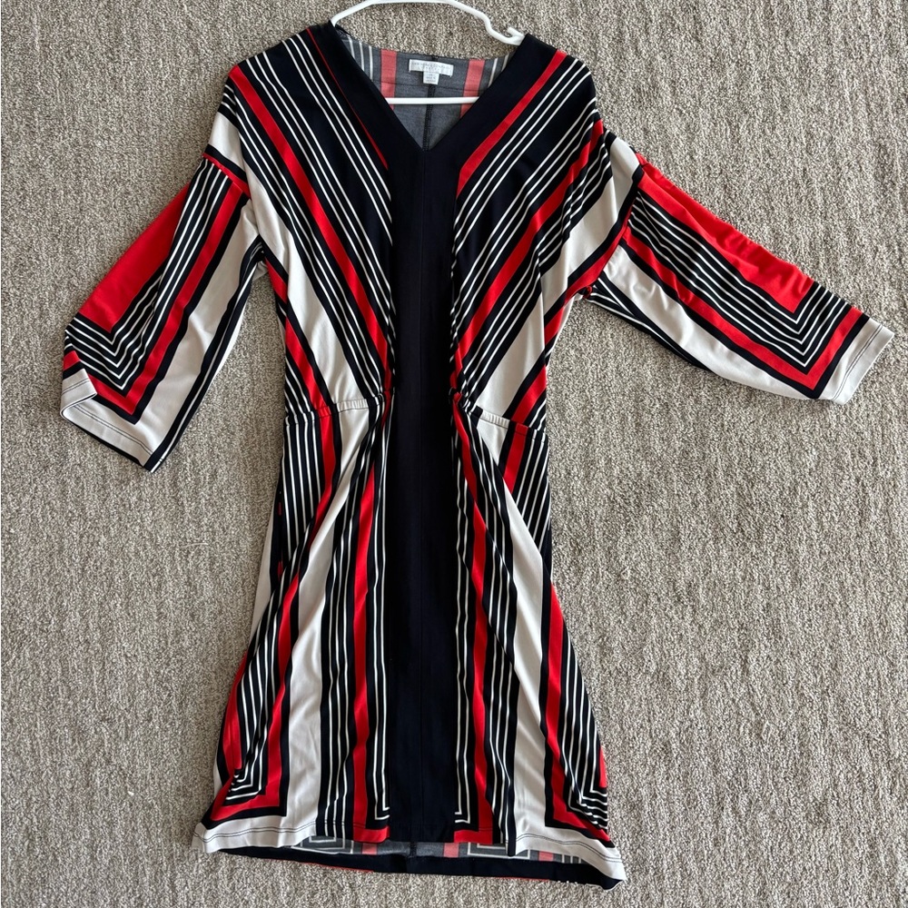 New York & Company Red and Black Striped V-Neck Dress